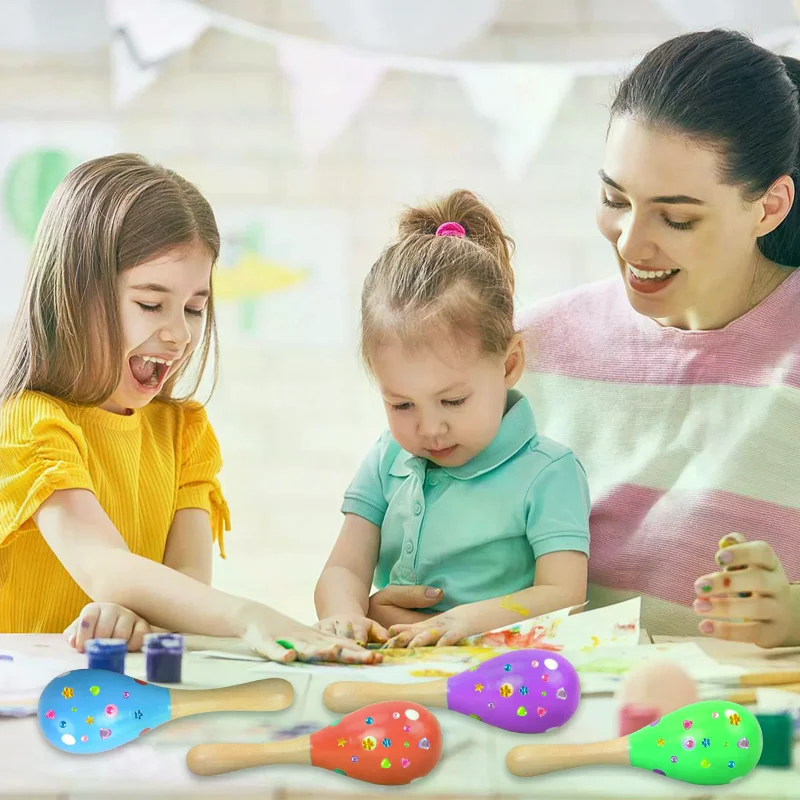Maracas in legno da 30 pezzi per bambini, set fai da te con 24 penne colorate, strumenti musicali Maracas per Cinco De Mayo Fiesta messicana