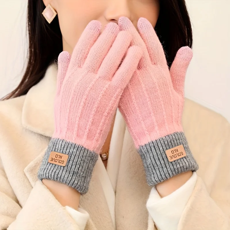 

Knitted Biker Gloves With Leather Lable, Winter Outdoor Full Finger Gloves For Women