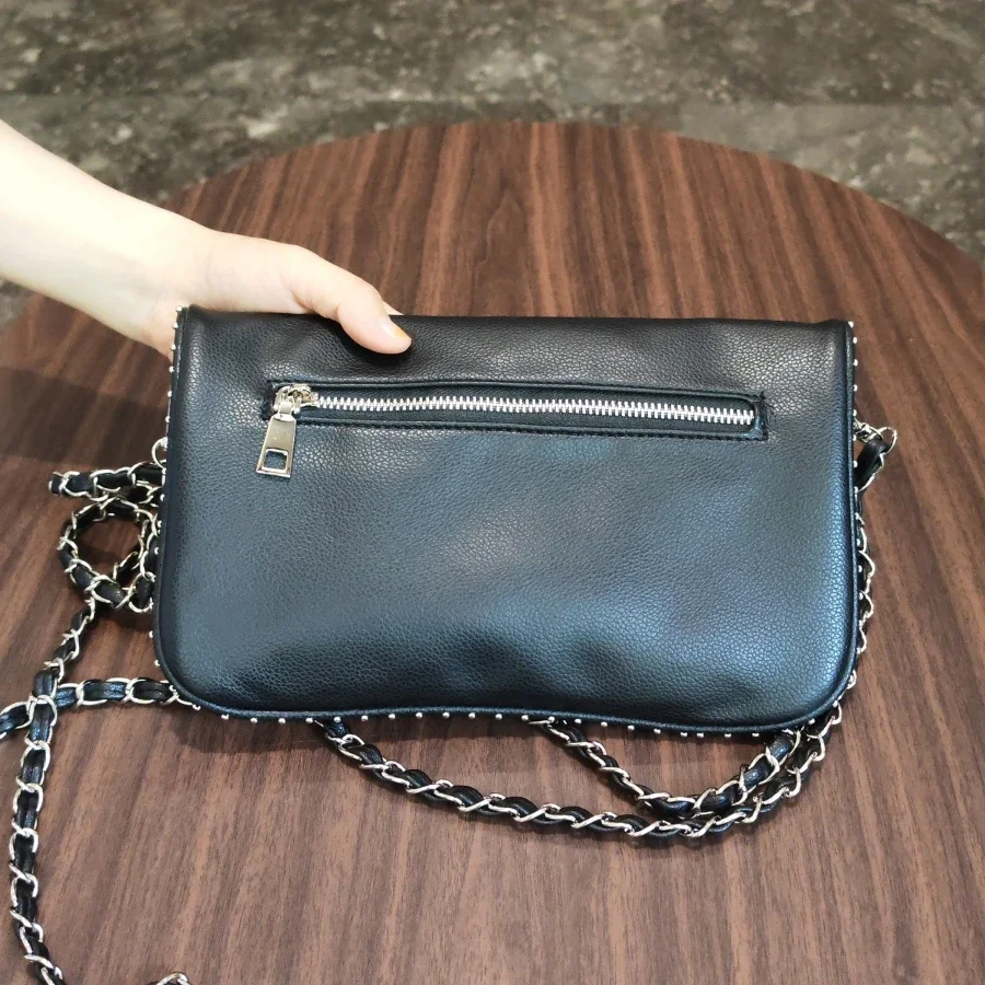 Fashion Rivet Women Chain Crossbody Bag Pu leather Lady Shoulder Purse Large Capacity Classic Black Fold Envelope Bag