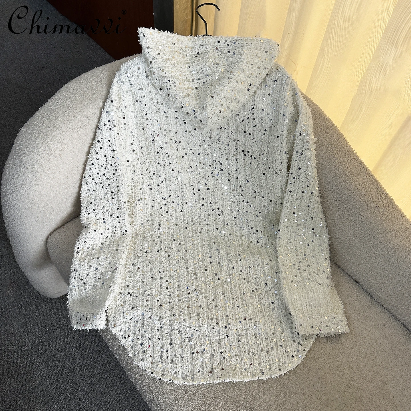 2025 가을 의류 신상 헤비 스팽글 디자인 긴 소매 후드 셔츠 여성용 루즈핏 캐주얼 스트리트웨어 중간 길이 탑