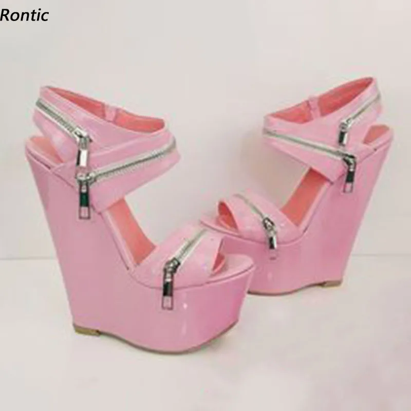 Rontic Handmade Women Gladiator Slingback Sandals Wedges Heels Round Toe Gorgeous Pink Party Shoes Ladies US Plus Size 4-20