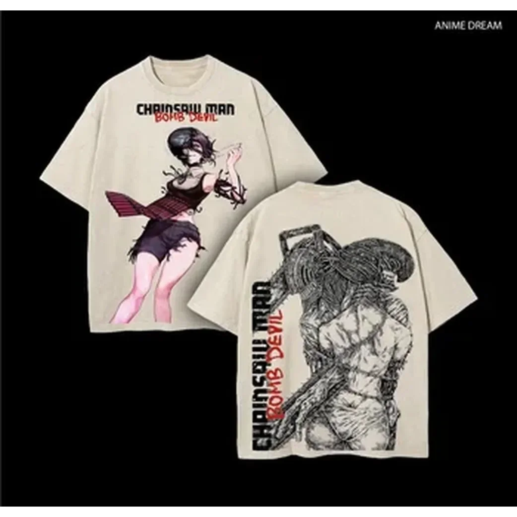 Chainsaw Man Reze Anime T-Shirt For Men Clothing Hot Manga Printed Vintage Washed T-shirt Harajuku Y2k Cotton Tees Streetwear