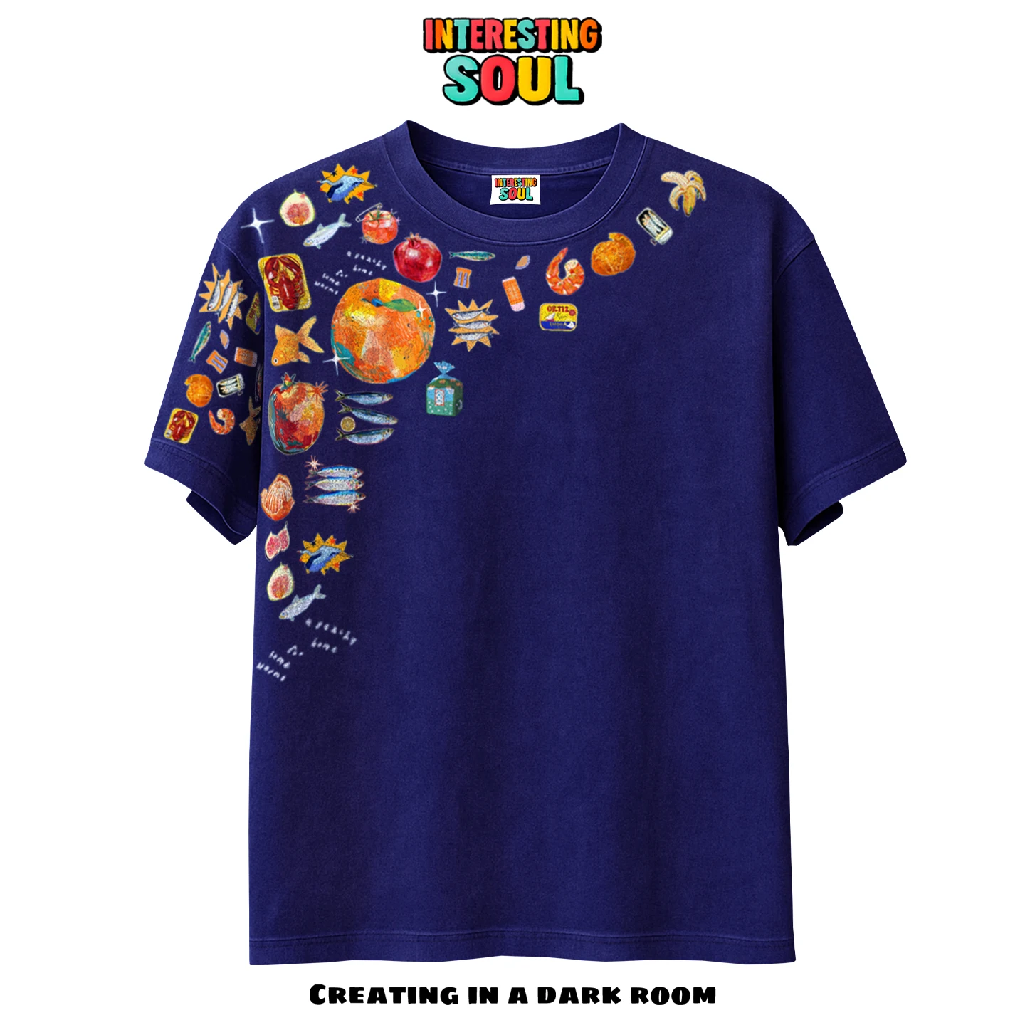 Original Fun Cartoon Fruit Platter Design Short Sleeve T-Shirt Quirky Mosaic Style Pure Cotton Comfortable Streetwear for Men...