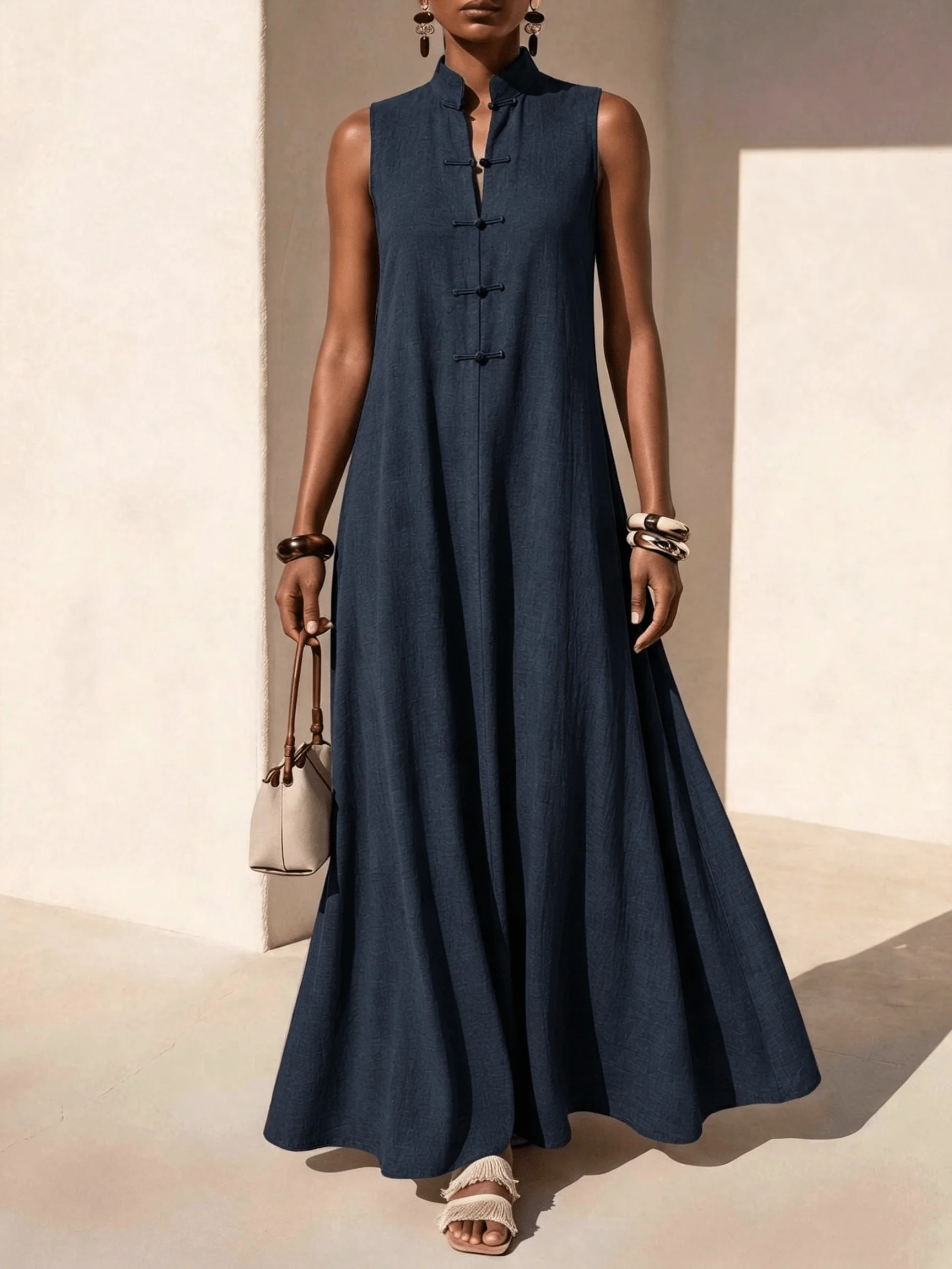 Casual vacation loose solid color Chinese buckle design stand-up collar women's dress casual daily vacation music