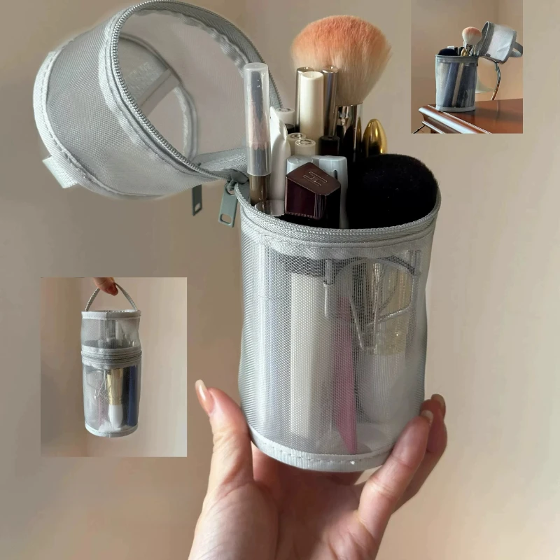 Mesh Round Cosmetic Storage Transparent Bag Large Capacity Makeup Brush Organizer Pouch Travel Cosmetics Case for Brushes Tools