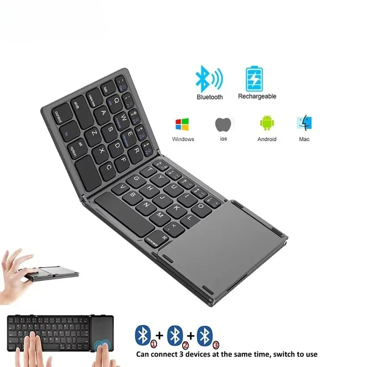 Foldable Mini Wireless Bluetooth Keyboard with Touchpad Rechargeable Portable Keyboard for Windows Android iOS iPad Phone