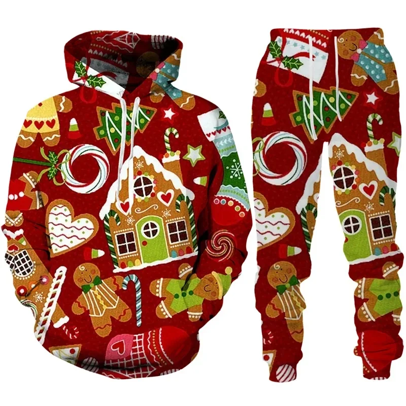 Ensemble de sweats à capuche et pantalons College en 3D pour hommes et femmes, pull à manches longues, décontracté, père Noël, fête de vacances, nouvel an, Noël, 2 pièces