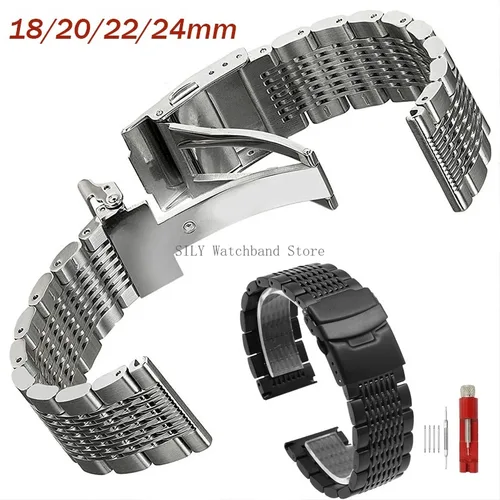 Hebilla desplegable sólida, correa de reloj de buceo, pulsera de malla de acero inoxidable, correas de negocios pulidas cepilladas, cinturón de 18/20/22/24mm