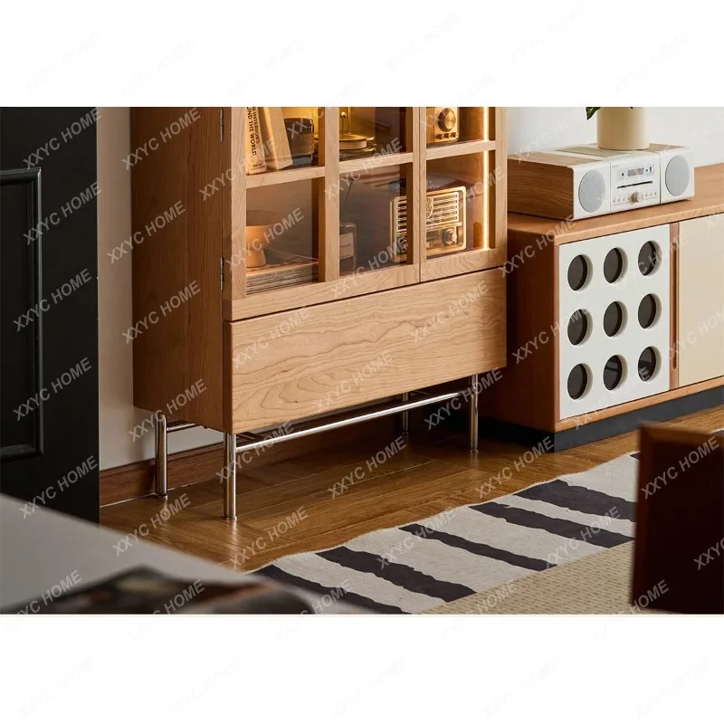 JYG cherry wood display cabinet living room simple glass door dust-proof bookshelf storage