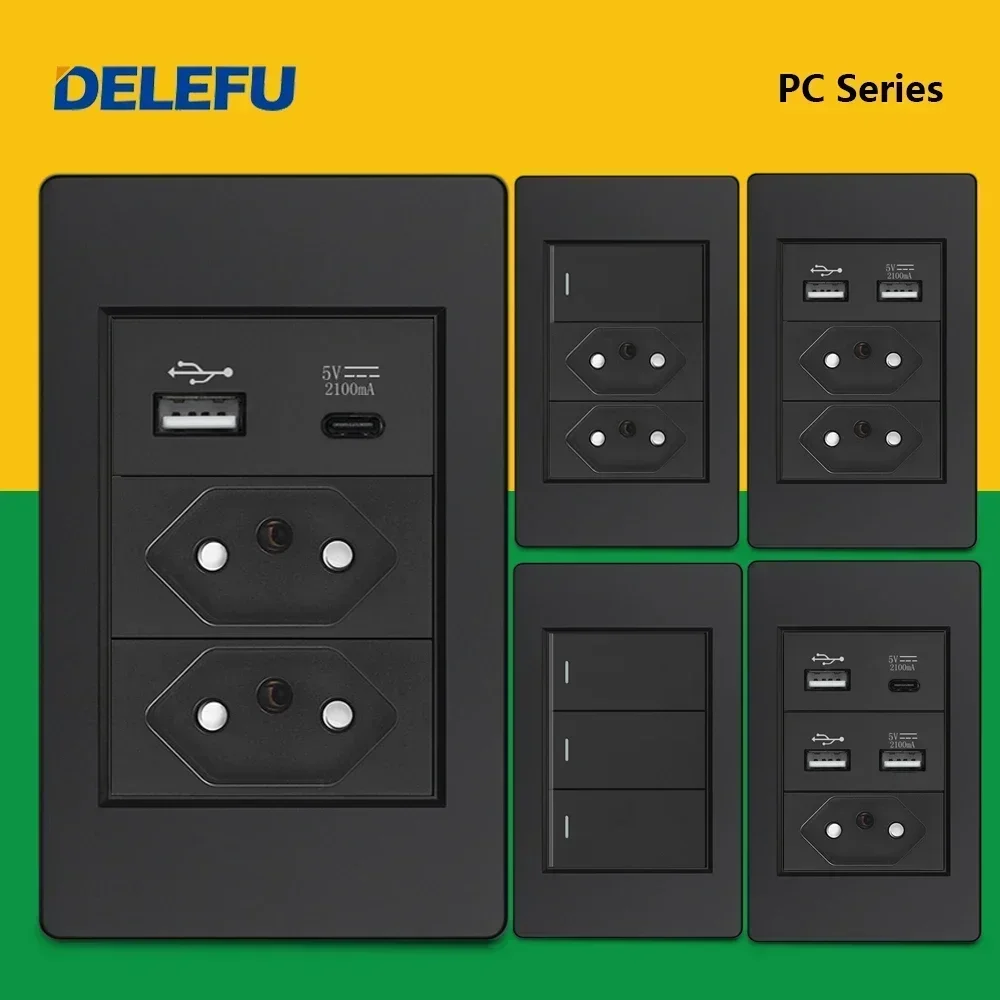 DELEFU PC Panel Fireproof Double USB Type C Charge Brazil Standard Outlet Black Wall Power Light Switch Electrical Plug  10A 20A