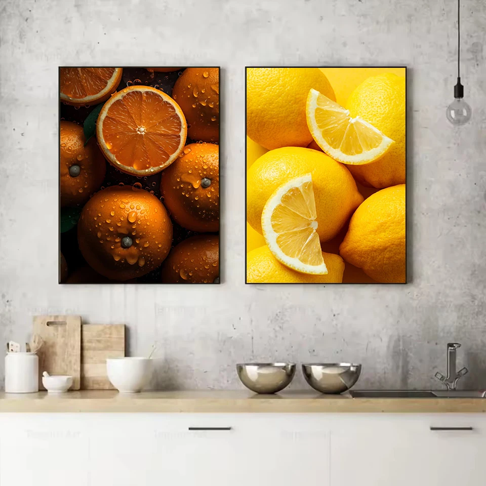 Kitchen Food Fruits Market Fresh Orange Lemon Avocado Apple Canvas Poster Wall Art Pictures Home Interior Decor Gift