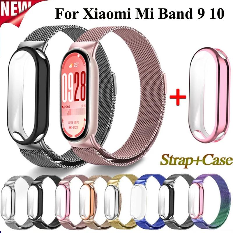 Metallarmband für Xiaomi Mi Band 9 10, Armband mit TPU-Gehäuse, Displayschutzfolie, Milanese-Magnetschlaufe für Mi Band 10 9 Armband
