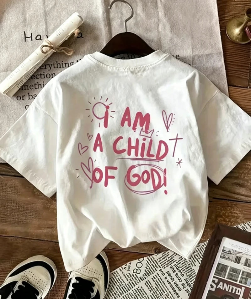 I am Child Of God Print T-shirt Handwritten Christian Graphic Short Sleeve Tops Women Casual Loose Streetwear Daily Wear Tee