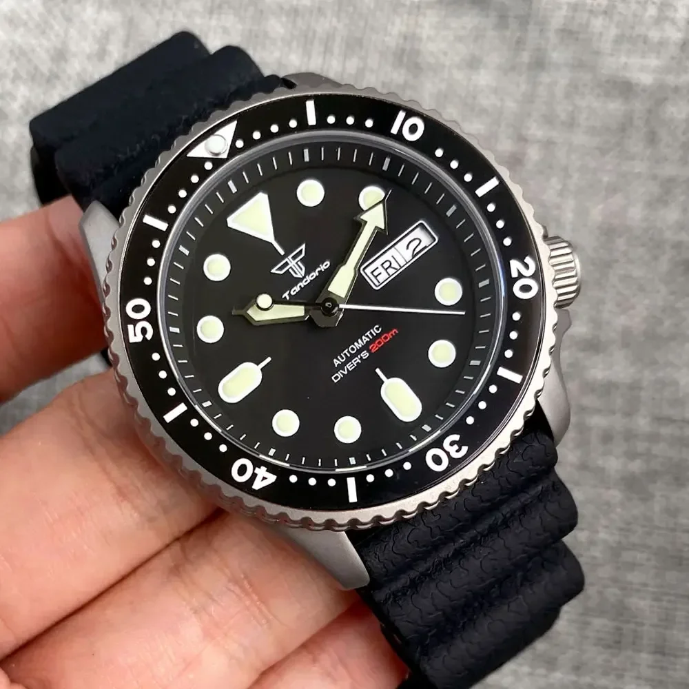 Tandorio 41mm NH36 Titanium Black Dial Automatic 200M Diving Men Watch Sapphire Glass 3.8 o'clock Date Rubber Ceramic Bezel Lume