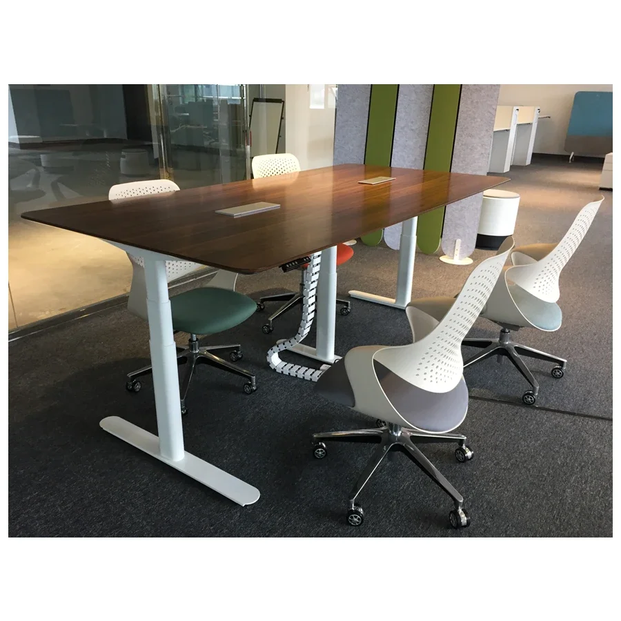 I shaped 3 legged electric adjustable sit to stand conference table