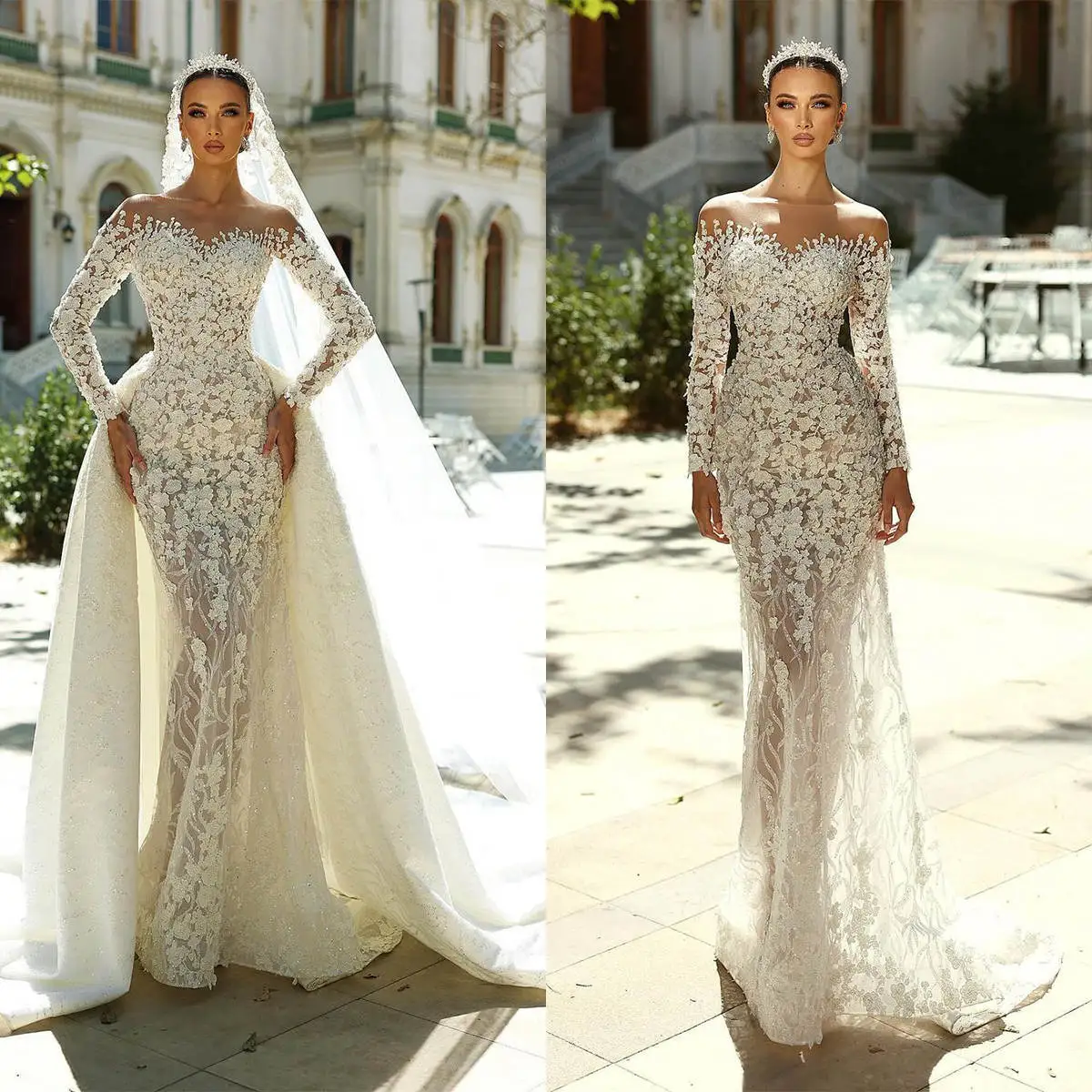 

Luxury Mermaid Wedding Dresses Appliques Beading Lace Long Sleeve Bridal Gown Dismountable Train Vestido De Noiva Customized