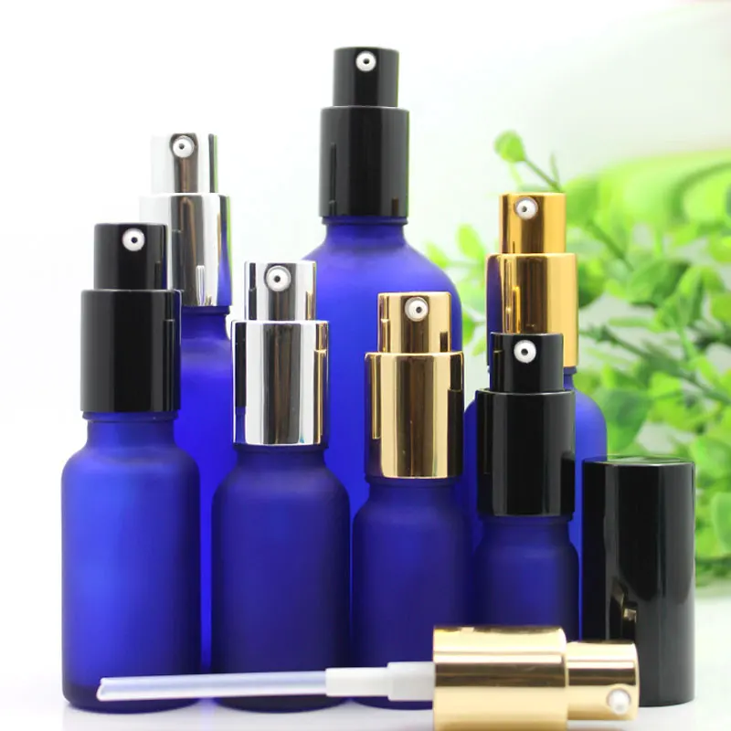 

24pcs Blue Frosted Glass Bottle For Essential Oil Lotion Cream , Frosting Glass Pump Bottle Essential Oil Bottles Blue Container