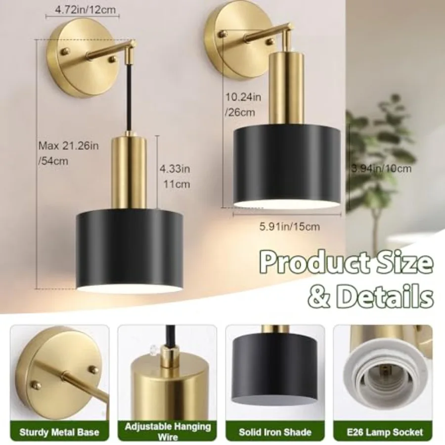 Battery Operated Wall Sconces Set of Two Black and Gold Wireless Rechargeable Wall Lights with Remote 15 Colors Dimmable LED Wa