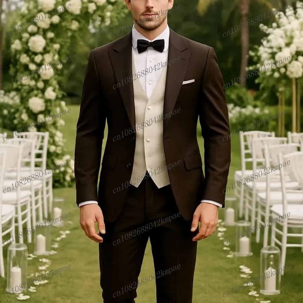 

Dark Brown And White Formal Men Suit Groom Groomsman Wedding Party Prom Business Male Tuxedos 3 Piece Set Blazer Vest Pants