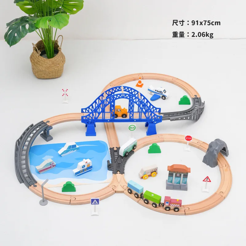 Wooden Train Rail City Blue Bridge Apron Scene Set Railway Electric Train Is Suitable For All Brands Of Wood Rail Toys Pd68