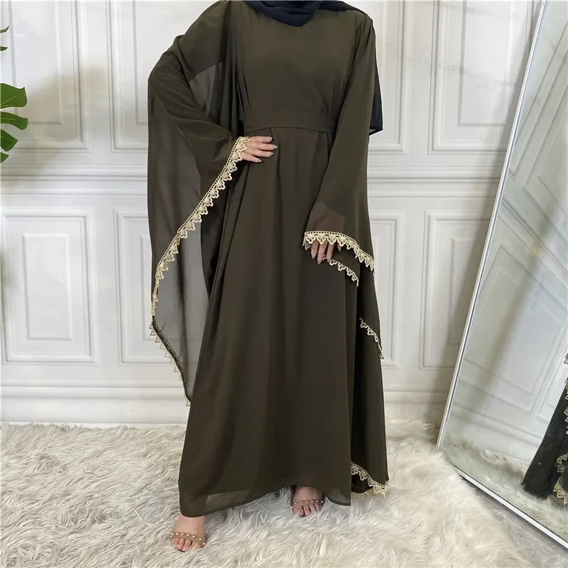 Solid Simple Long Dresses Batwing Sleeve Muslim Dubai Abaya Women with Sashes Islam Clothing Abaya Lace-up Dresses for Women