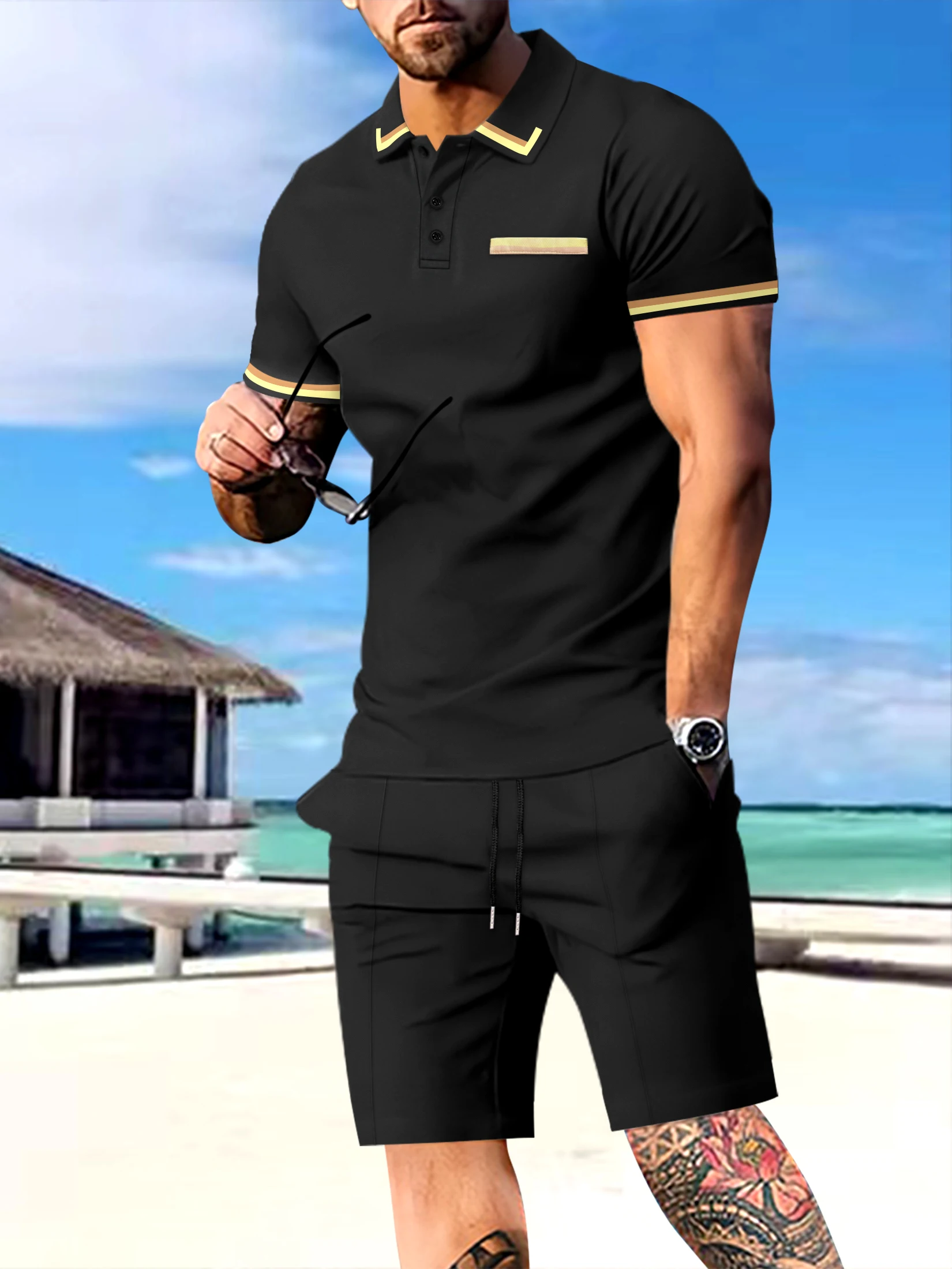 Summer Men\'s short sleeve suit Fashion solid color Casual Shorts sportswear short sleeve  two-piece Men\'s suit