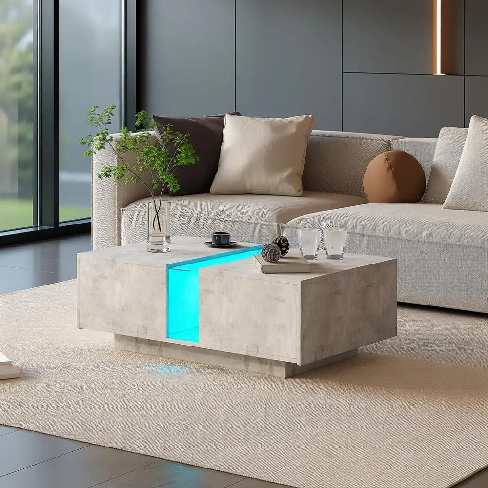 Rectangular Grey Storage Coffee Table with Acrylic Drawers for Living & Dining Rooms