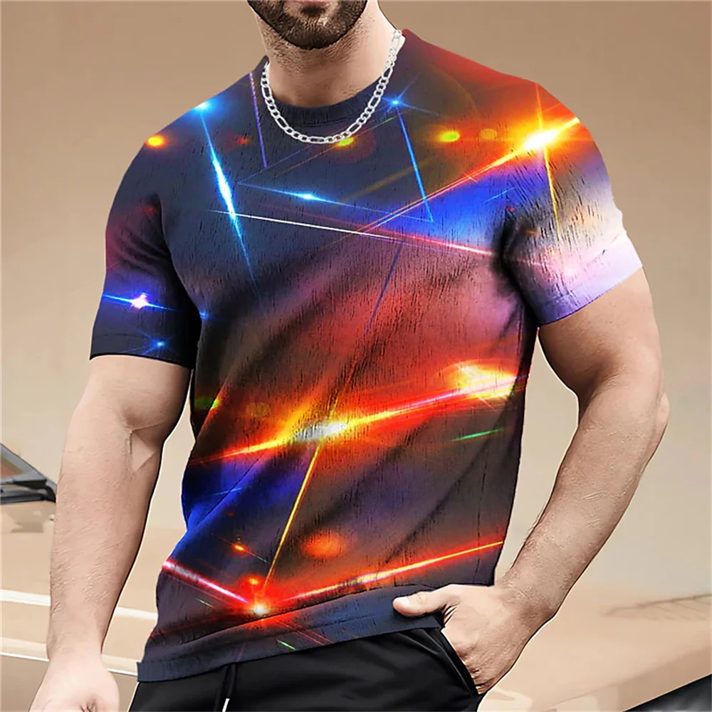 2023 Laser Color Blocks Print T-Shirt For Men Casual Short-Sleeved T-Shirts Trend Breathable Personality Graphic T Shirts Tops