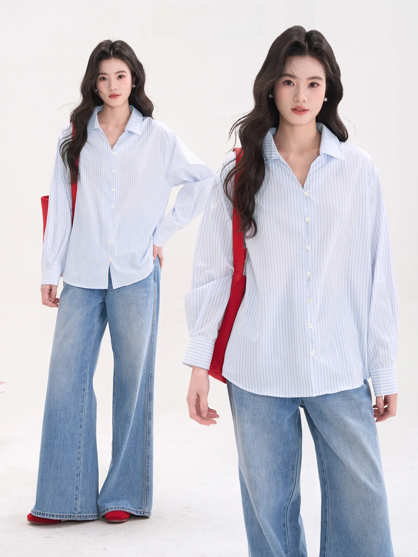 

Heme Salt Moon Striped Long Sve V-Ne Women's irt Commute Casual Spring Early Cotton Classic Sle Loose Fit irt