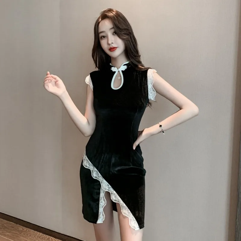 

Chinese Style Velvet Cheongsam Women Elegant Slim Split Qipao Fashion Lady Sexy Lace Dress Wine Red Black Dress Vintage Vestidos