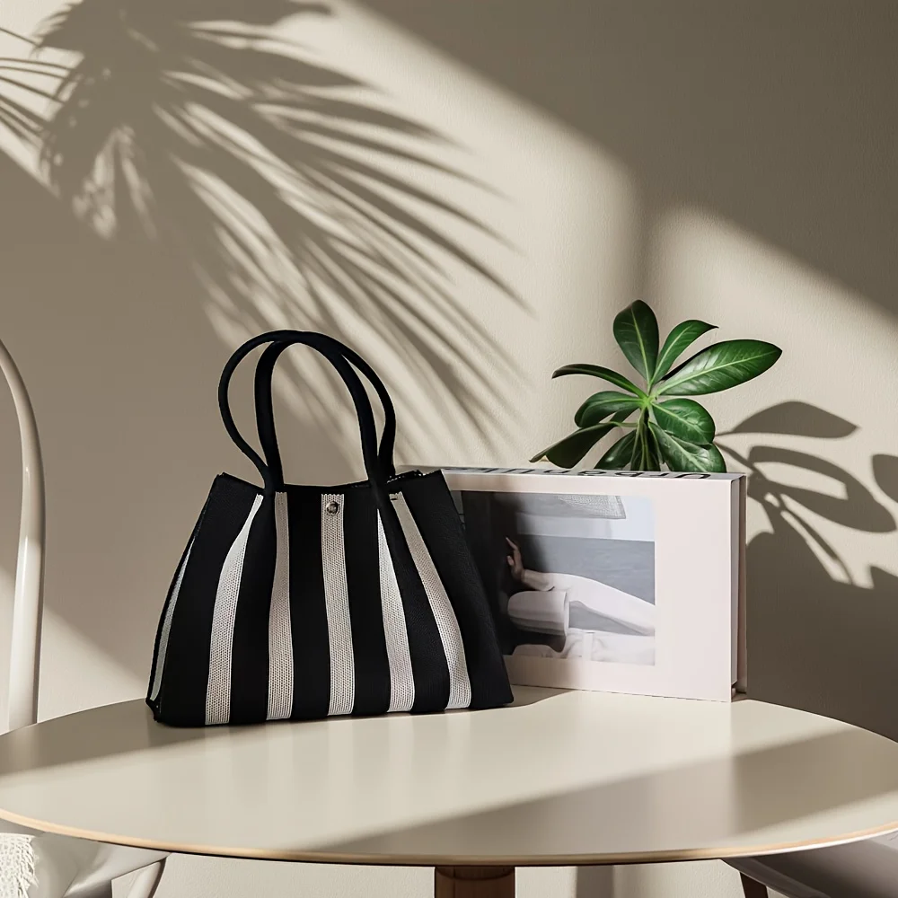 Neue Farbblock-Stricktasche mit Streifendesign, Große Handtasche für den Arbeitsweg von Frauen – Detail 8