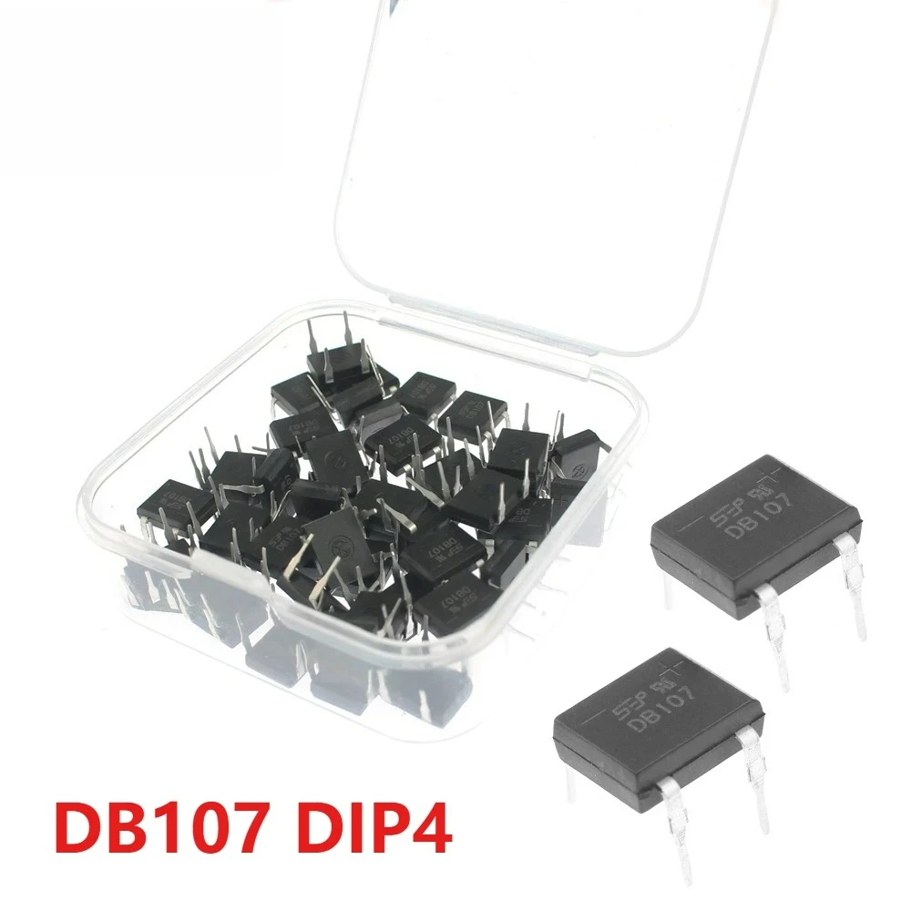 10-100PCS DB107 DIP-4 Bridge Rectifier 1A 1000V Single Phase Diode Bridge Rectifier Electronic Components Kit with Packaging Box