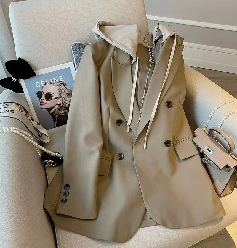 

SuperAen Fashion Hooded Design Suit Coat Women's 2023 Autumn New Vintage Khaki Casual Jacket Coat