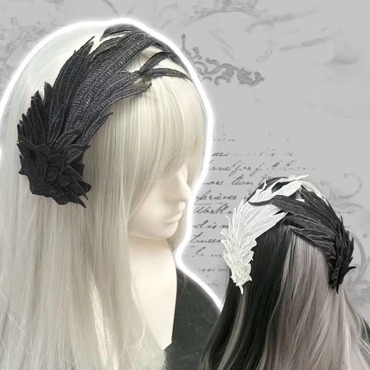 Gothic Embroidery Lace Wing Hair Clip Black White Angel Demon Wing Lolita Cosplay Hair Accessories Vintage Dark Fairy Headwear