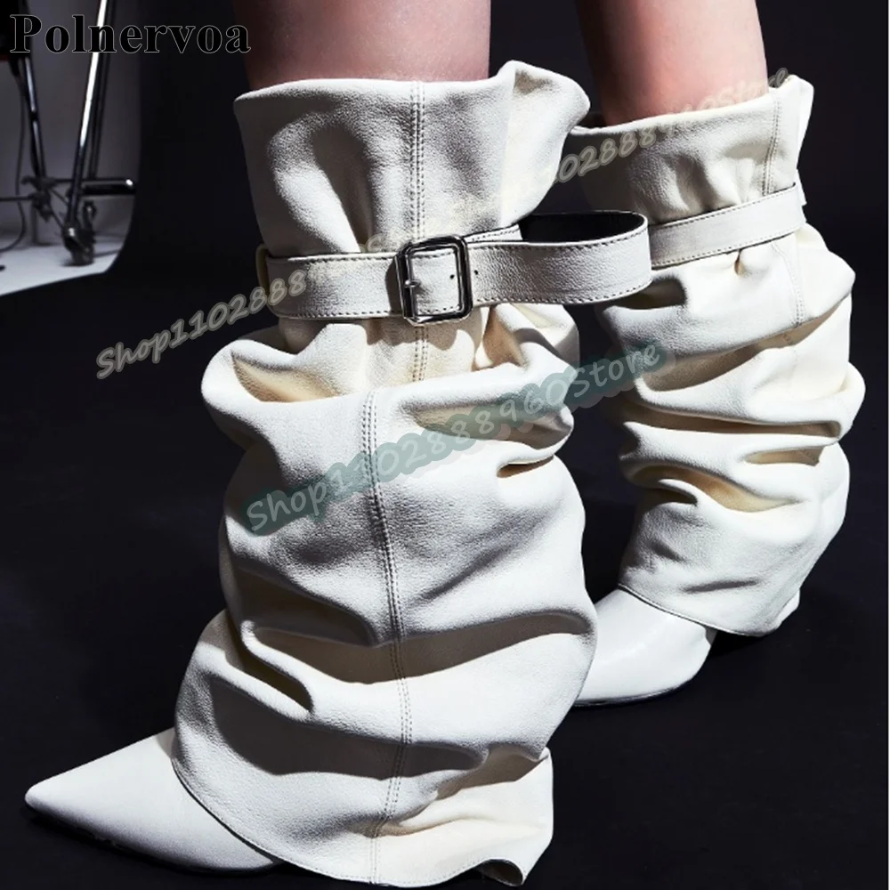 

Mid Calf White Leather Buckle Strap Pointy Boots Thin High Heel Shoes For Women Slip On Pointed Toe Catwalk Party Women Boots