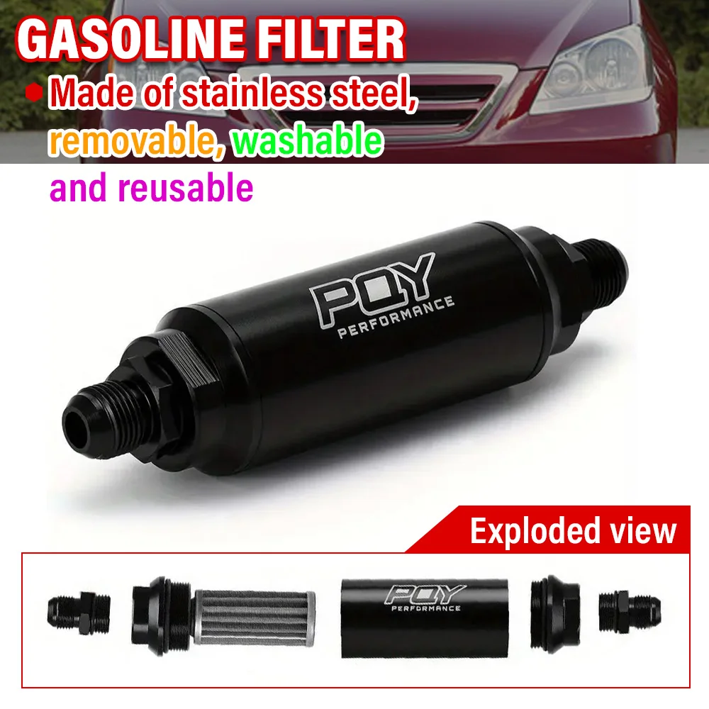 A Car Gasoline Filter 44Mm, With AN6 And AN8 Connectors For Adaptation, 100 Micron Stainless Steel Filter Element