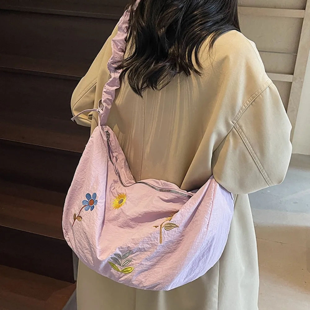 

Korean Style Nylon Dumpling Bag Lightweight Drawstring Flower Embroidery Tote Bag Handbag Solid Color Oxford Cloth Shoulder Bag