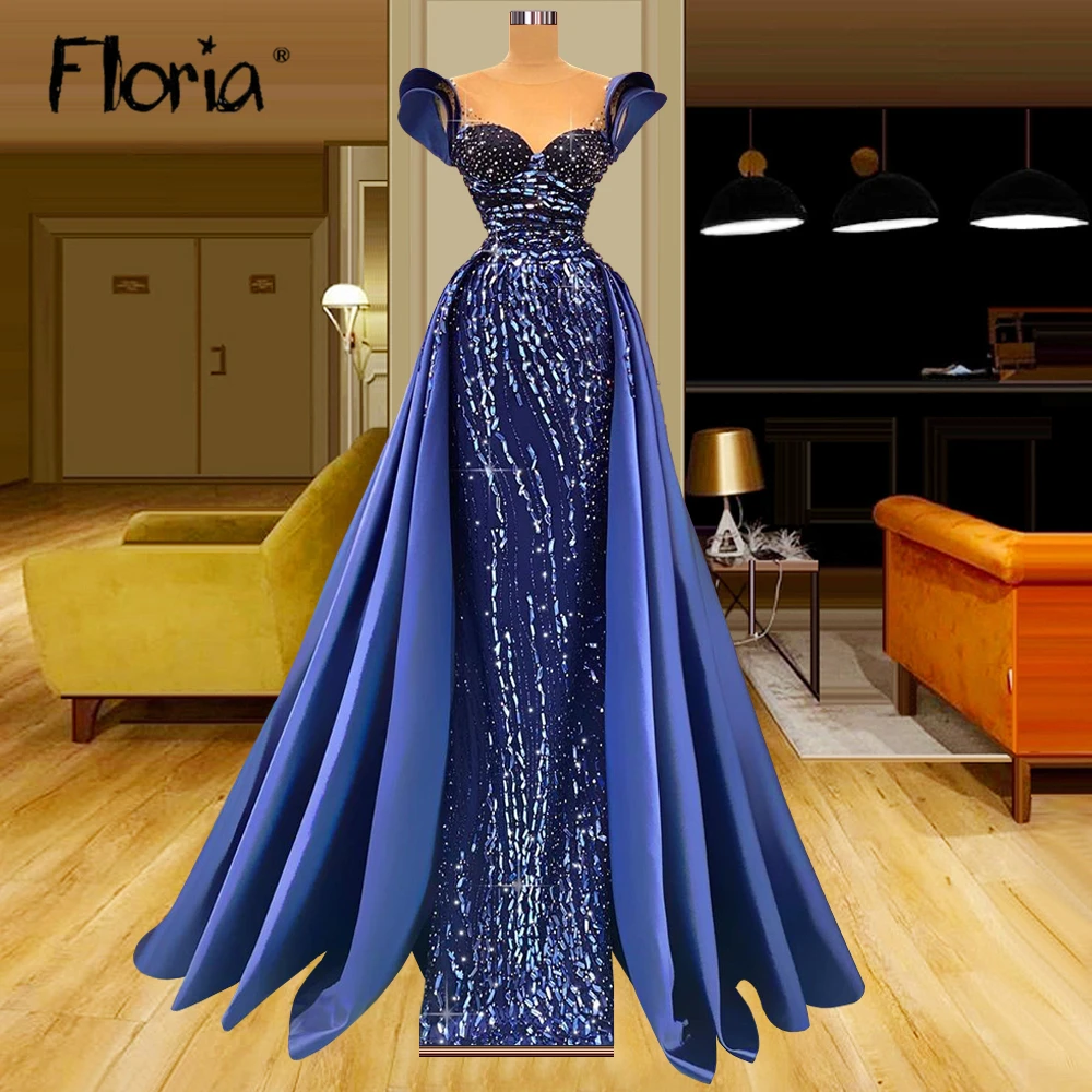 Detachable Train 2 In 1 Heavy Crystals Evening Dress Plus Size Custom Made Dubai Blue Stones Prom Party Gowns for Women Pageant