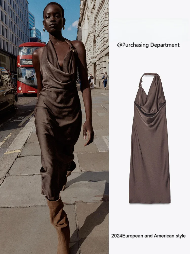 

Ele Asymmetric Silk Satin Midi Dr Women's Faion Autumn New Arrival High Waist Long Gown Ne Hanging Sle No Sve