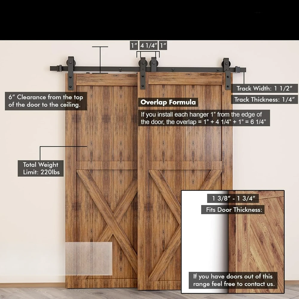 Black Rustic Single Track Bypass Sliding Barn Door Hardware Kit, for Two/Double Doors,7ft Long Flat Track, Classic Design Roller