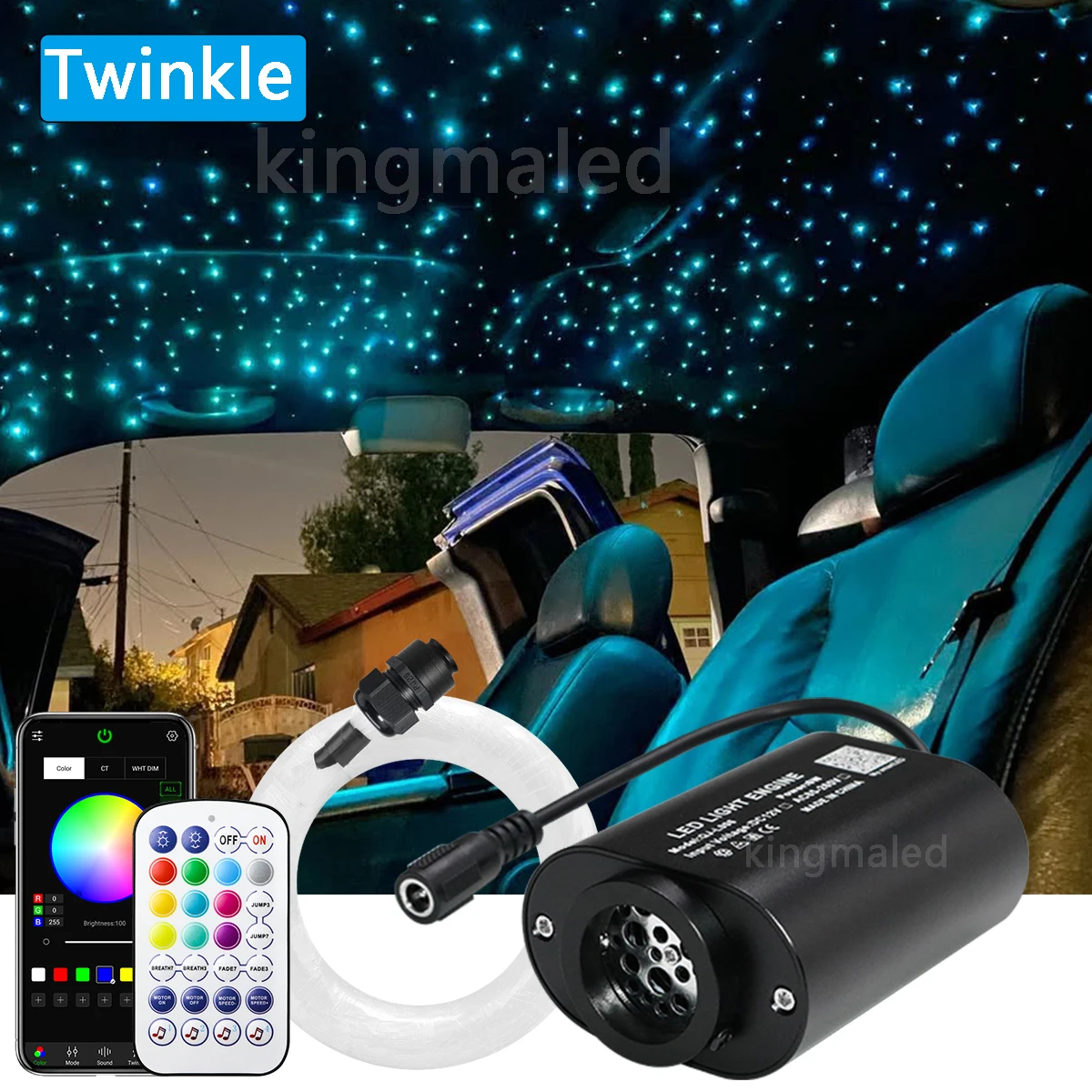 Mini 6W Zestaw światłowodowych lamp sufitowych z efektem migotania gwiazd RGBW, sterowanie aplikacją, oświetlenie sufitu samochodu z efektem gwieździstego nieba, światłowodowy sufit z efektem gwieździstego nieba