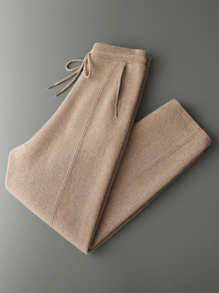 High Quality Autumn Winter New Men's Clothing Elastic Waist 100% Cashmere Smart Casual Knitted Pants Solid Color Pocket Trousers