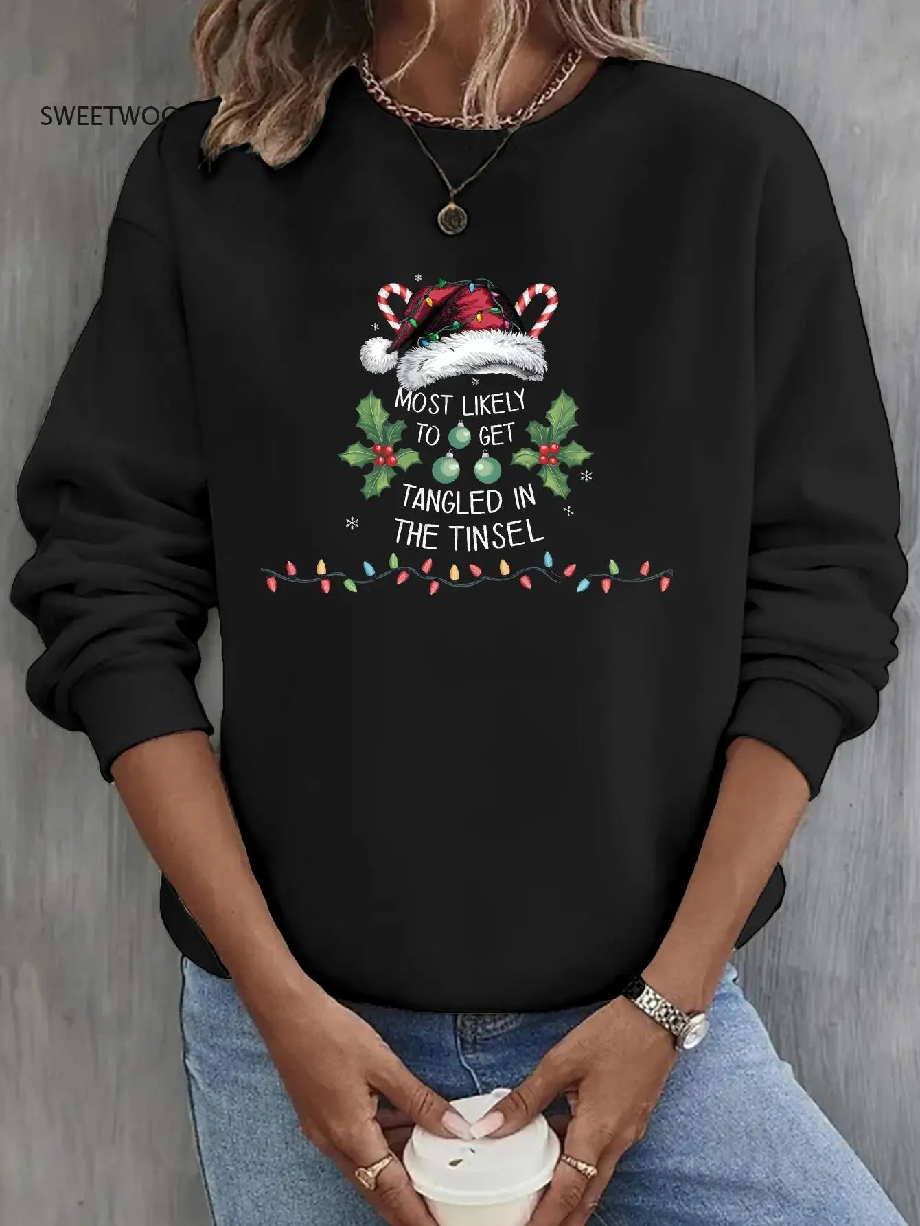 

Women's Polyester Crew Neck Sweatshirt, Casual Knit Fabric Pullover, with Santa Tinsel Graphic Print, for Fall/winter