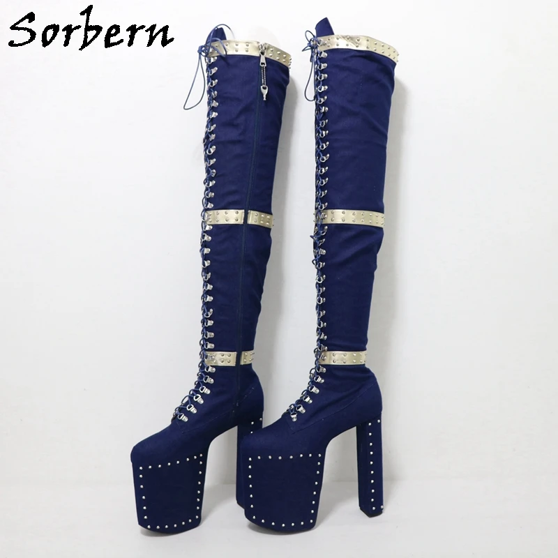 Sorbern Custom Women Boot Unisex Drag Queen Shoes 20cm Block High Heels Mid Thigh Rivet Lace Up Fetish Platform Lockable Zipper