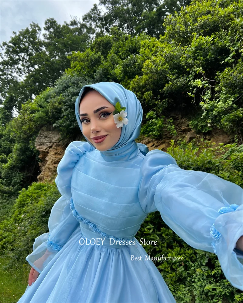 OLOEY Modest Light Blue Silk Organza Evening Dresses Muslim Arabic Women Long Sleeves High Neck Formal Party Gowns Birthday