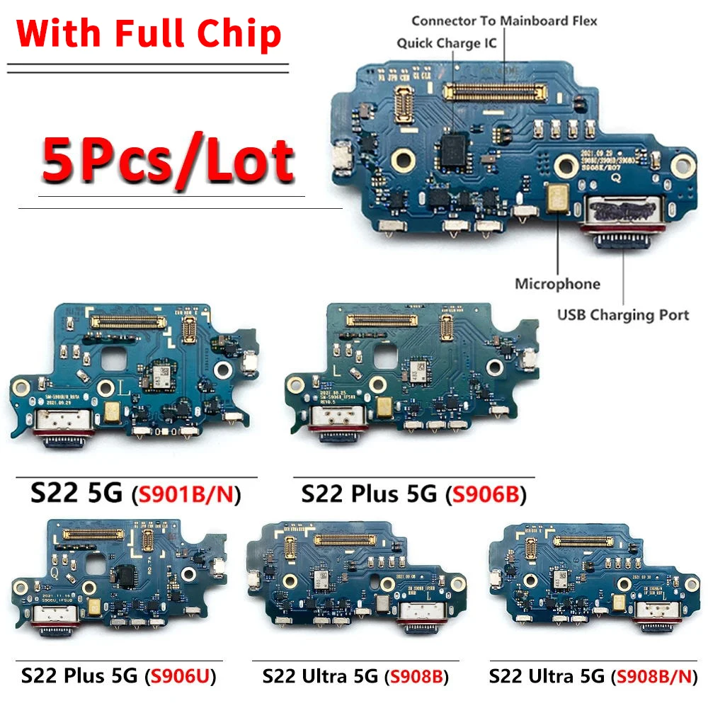 

5Pcs，USB Charging Port Flex Connector Board For Samsung S22 Plus S22 Ultra S908B S908U S901B S901U S906B S906U