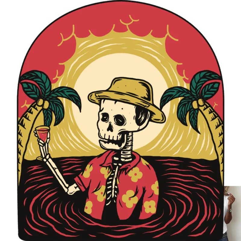 Vacation Skeleton Heat Transfer White Ink Iron - on Print, Hawaiian - style Coconut Tree & Sun Pattern, Suitable for T - shirts