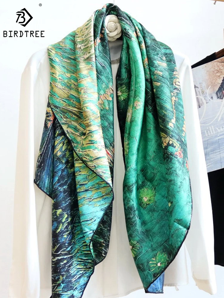 Birdtree 100%Real Silk Jacquard Square Scarf Starry Sky Oil Painting Elegant Literary Retro Shawl Scarf 2024 Spring A3D906QD