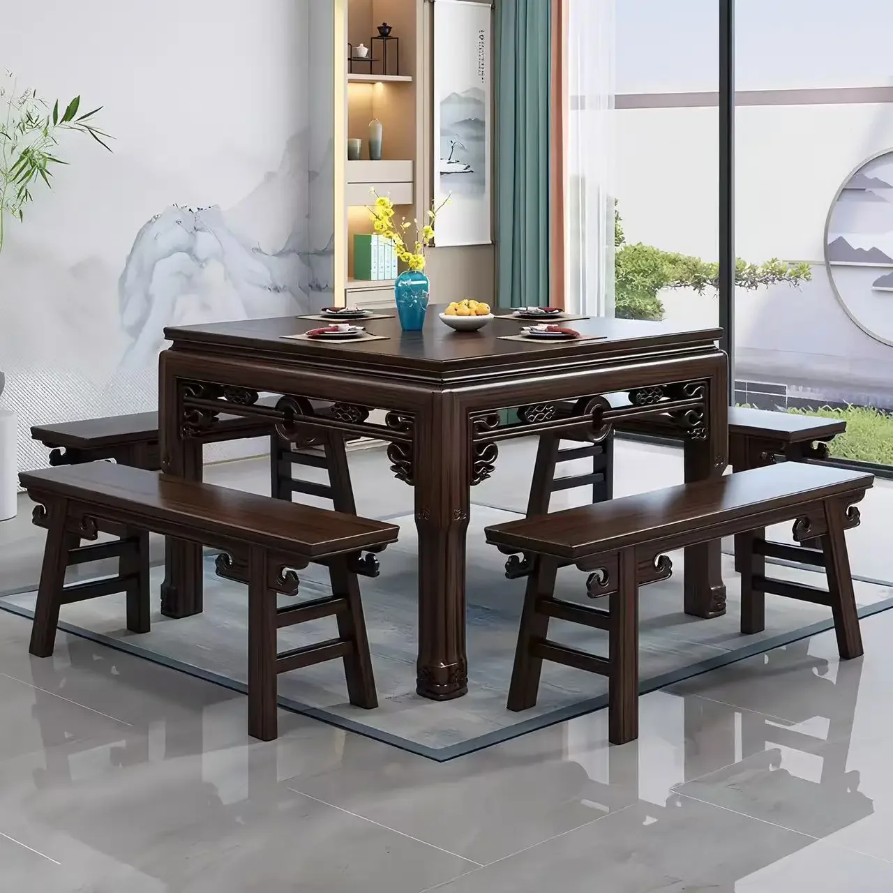 DSA purple gold sandalwood antique solid wood square table combination eight immortals table Chinese carved dining table rural