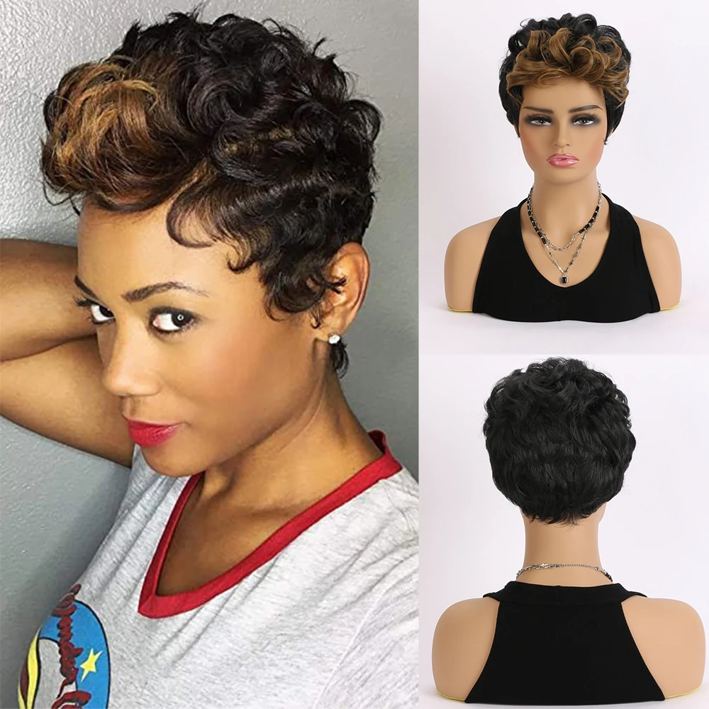 

Синтетический короткий вьющийся парик с стрижкой пикси, черный смешанный коричневый парик с челкой для женщин, повседневная вечеринка, косплей, искусственные волосы, термостойкие